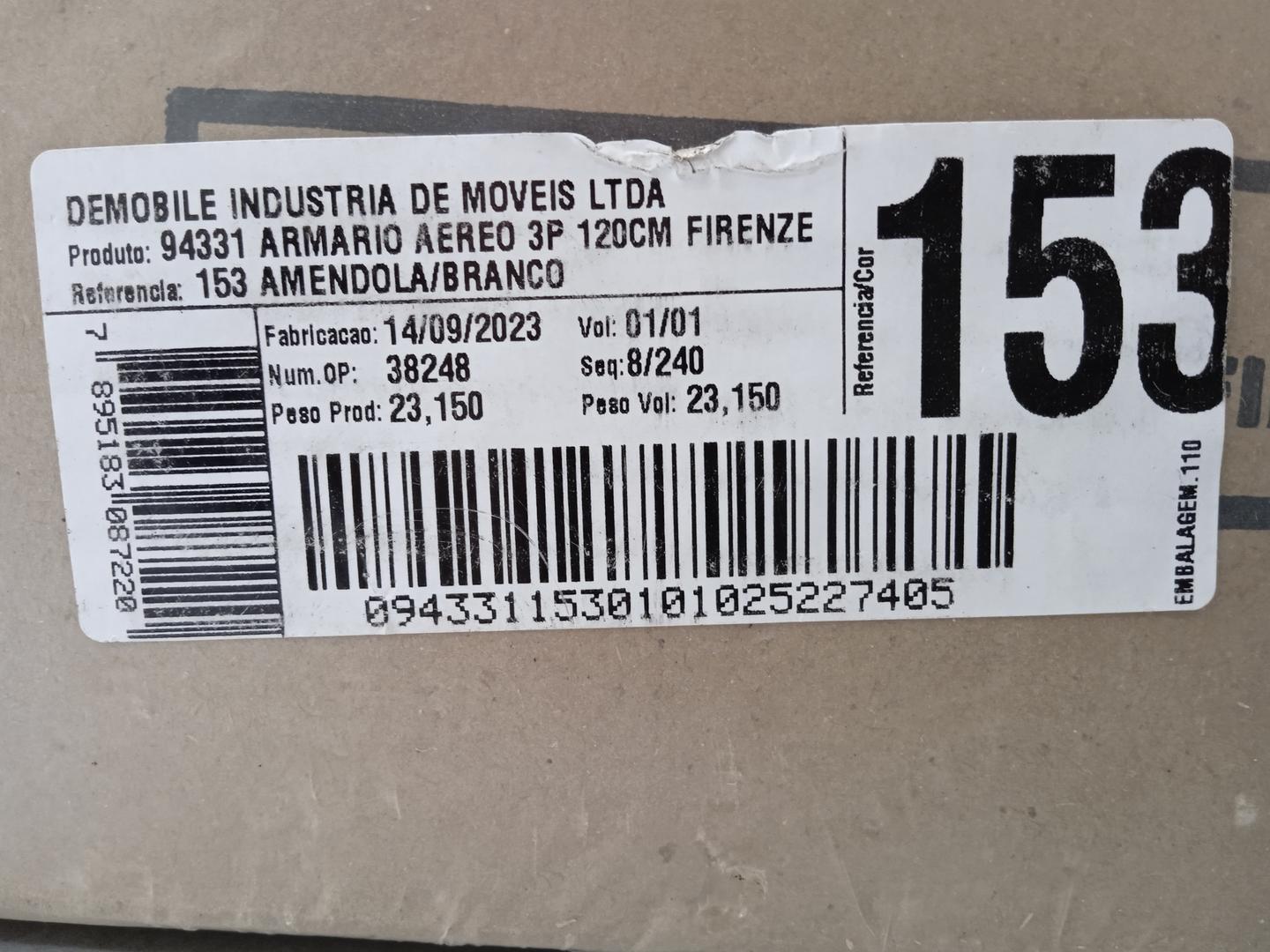 Armário de parede aéreo c/ 3 portas em MDF Branco 67 cm x 120 cm x 29 cm