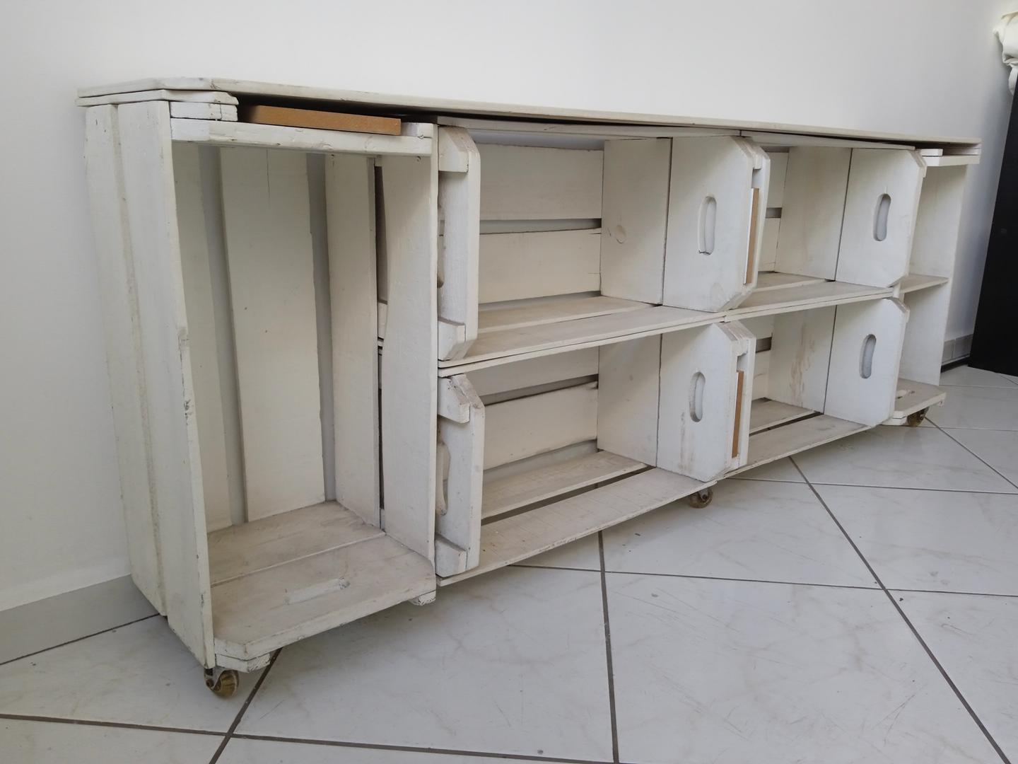 buffet de caixotes e c/ rodas em Madeira Branco 68 cm x 180 cm x 31 cm