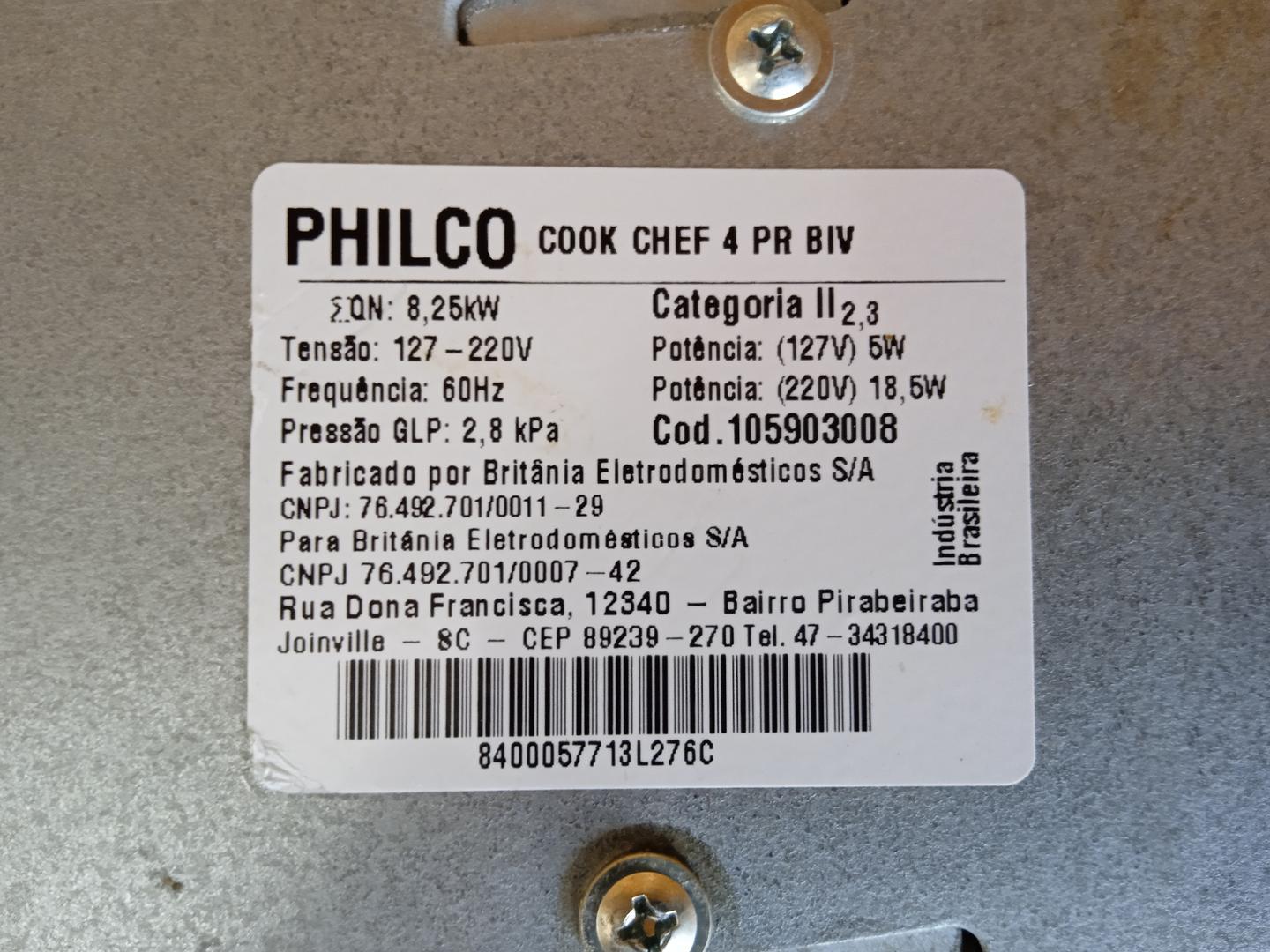 Cooktop Philco Chef 4 PR BIV em Aço / Vidro Preto 15 cm x 59 cm x 46 cm