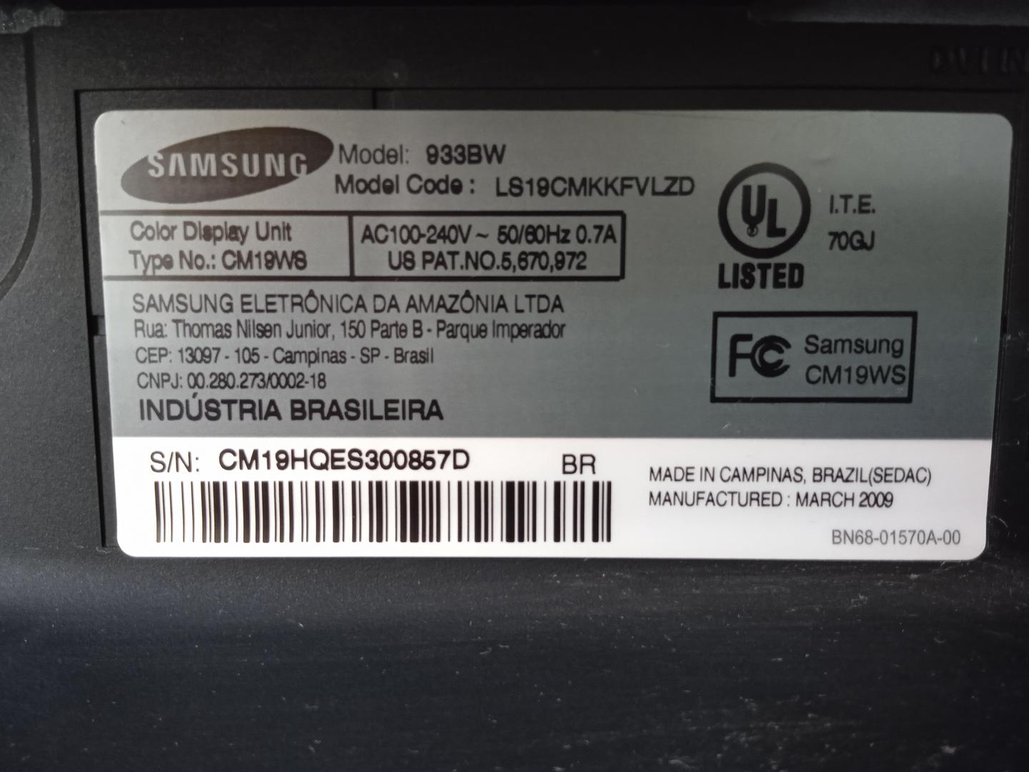 Monitor Samsung 933BW 20 Polegadas