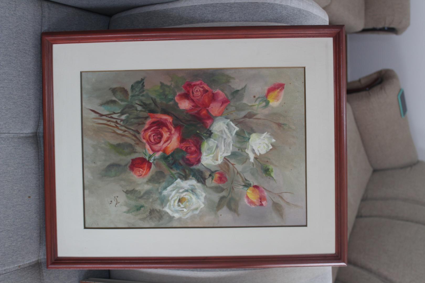Quadro / Tela / Pintura c/ moldura Flores em Madeira / Tela Marrom 60 cm x 48 cm x 3 cm