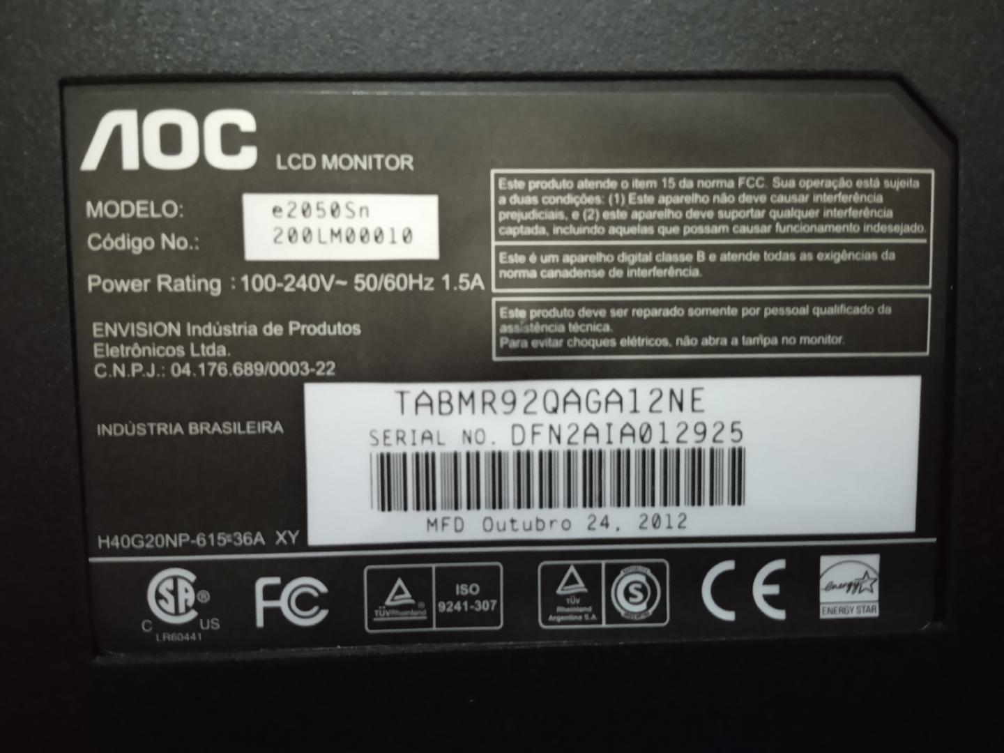 Monitor LED AOC 20 Polegadas Widescreen E2050SN