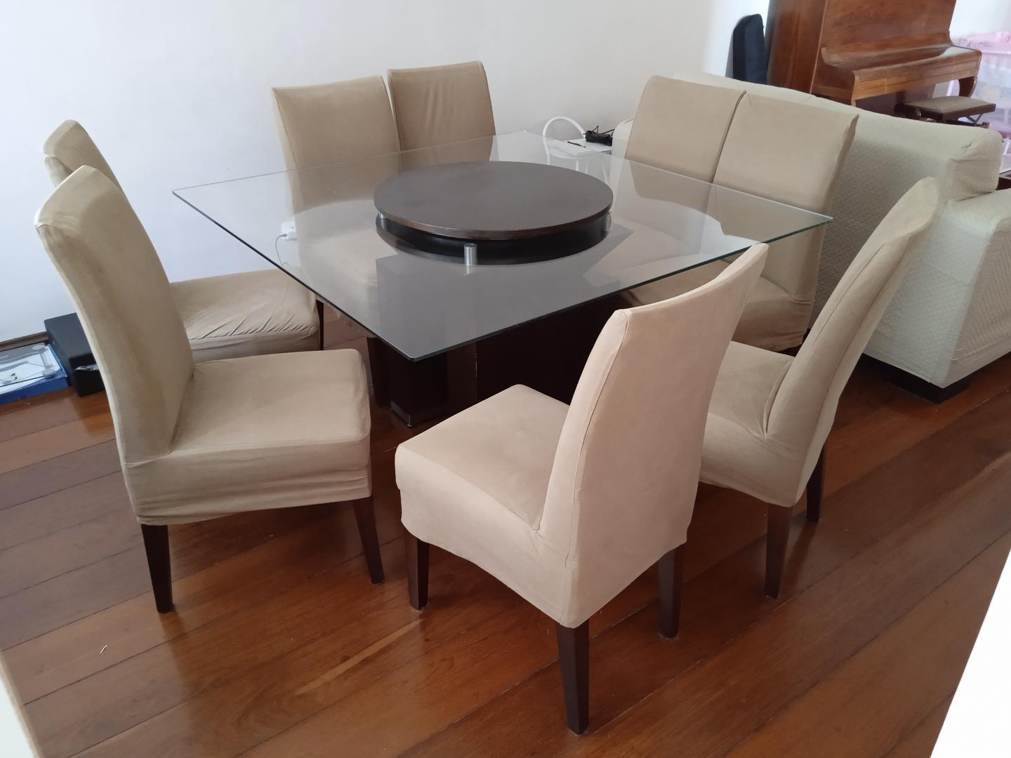 Mesa de Jantar c/ Prato Giratório em Madeira / Vidro Marrom 76 cm x 140 cm x 140 cm