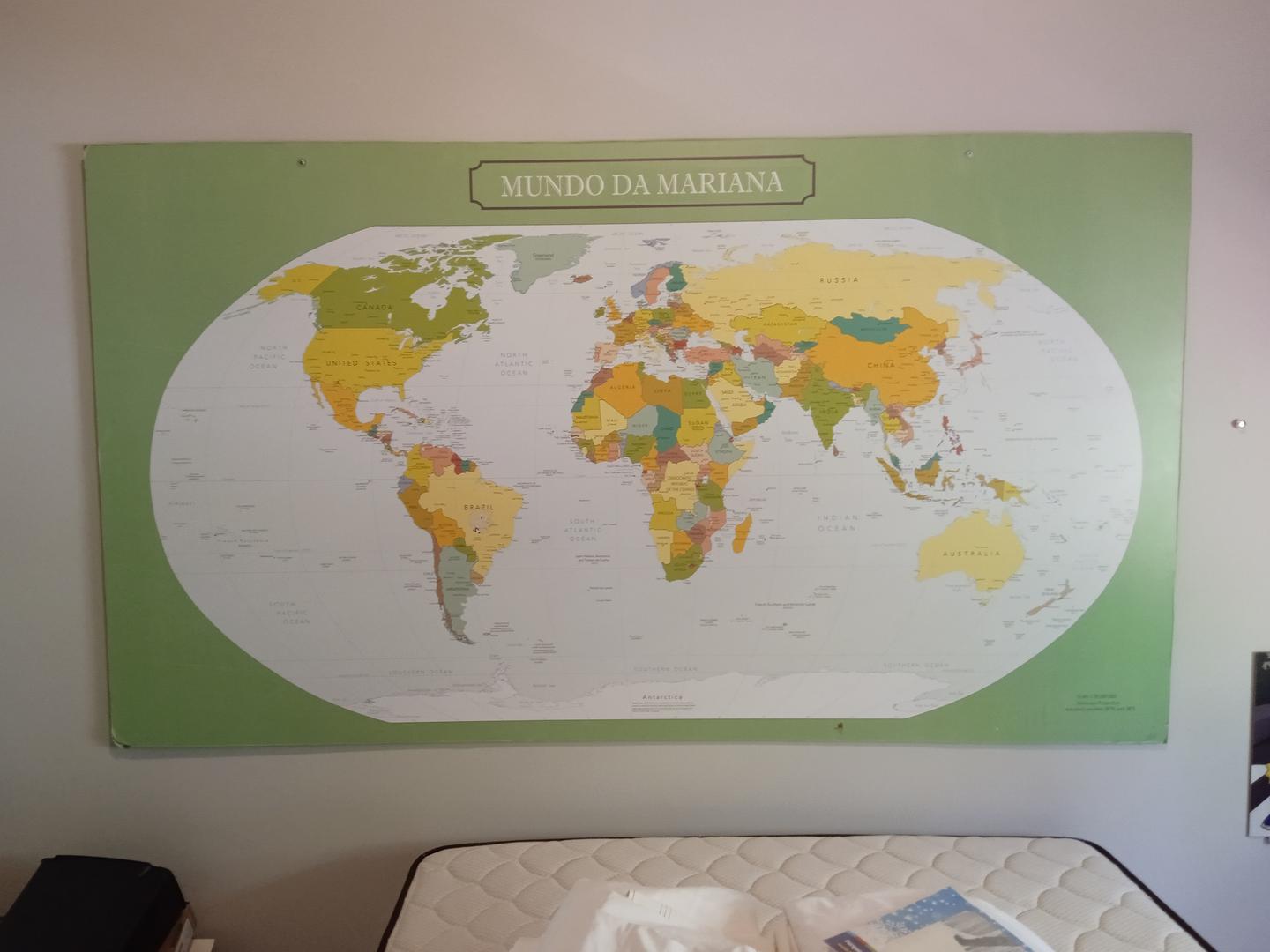 Quadro mapa mundi em Madeira / Tela Marrom 125 cm x 222 cm x 6 cm