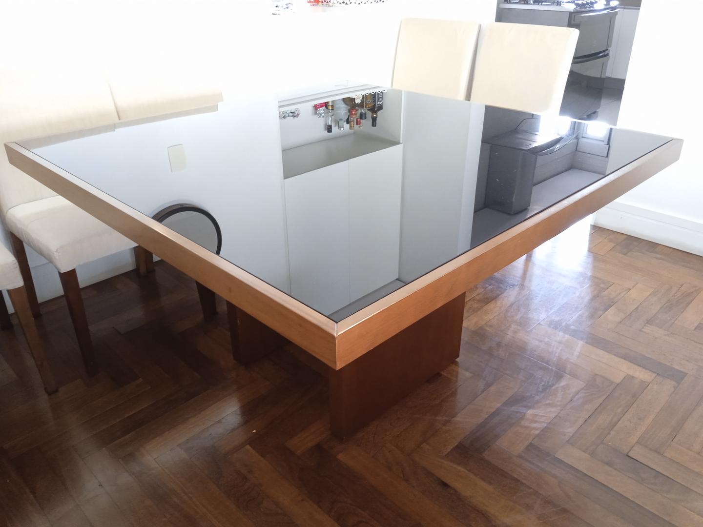 Mesa de Jantar Quadrada em Madeira / Vidro Marrom 76 cm x 135 cm x 135 cm