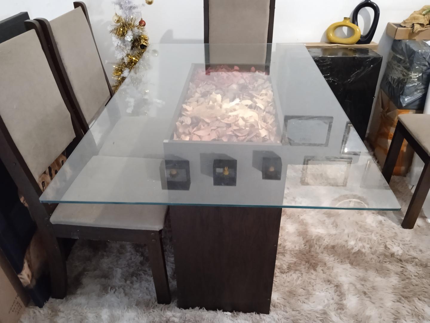 Mesa de jantar s/ cadeiras em MDF / Vidro Marrom 80 cm x 80 cm x 130 cm